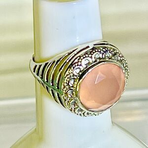 Natural Rose Quartz Gem Stone 925 Sterling Silver Ring Marked Surround Sz 6.5